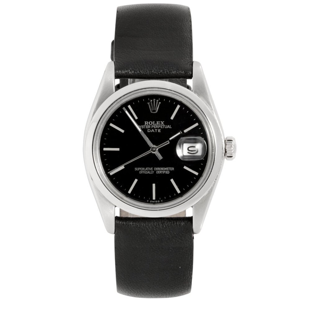 Rolex Unisex 34mm Date 1500 black stick steel on leather